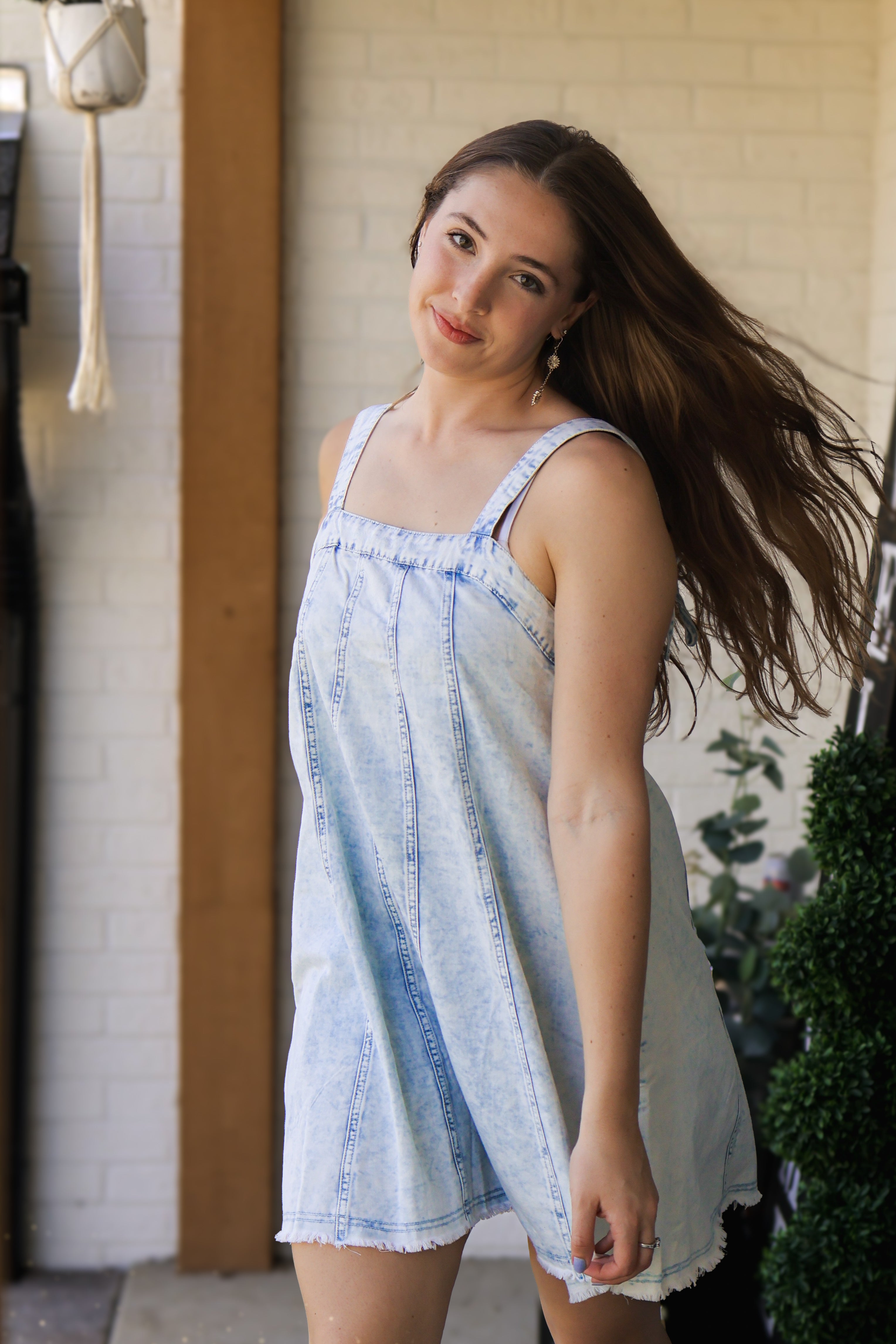 Washed Denim Mini Dress W/ Back Tie