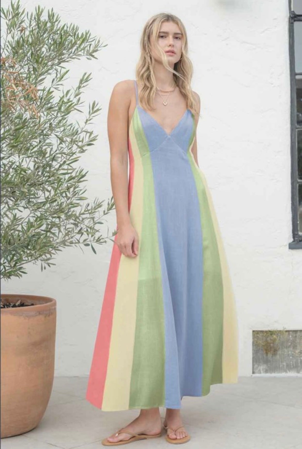 Linen Multi-Stripe Midi Dress