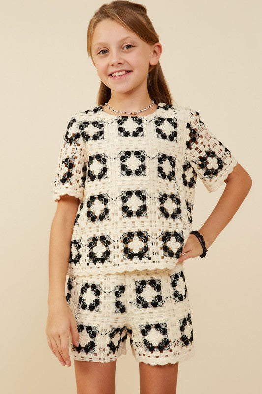 Girls Quilted Crochet Short Sleeve Tee
