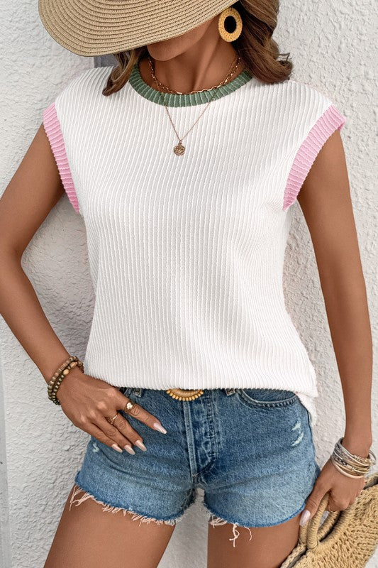 Color Block Corded Knit Crew