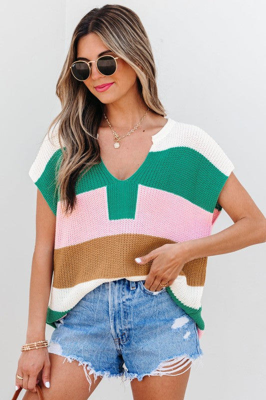 Striped Color Block Notch V Neck Sweater T Shirt