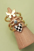 Checker Heart Butterfly 4 Ring Set