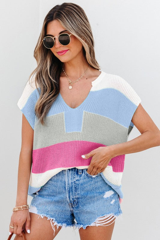 Striped Color Block Notch V Neck Sweater T Shirt