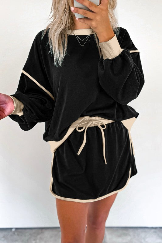 Loose Pullover Lace-up Waist Skort Set