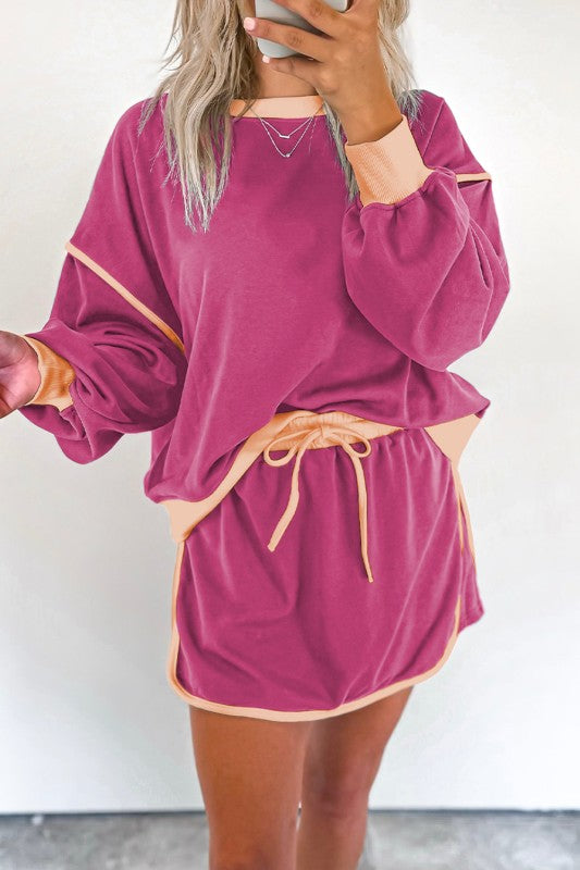 Loose Pullover Lace-up Waist Skort Set