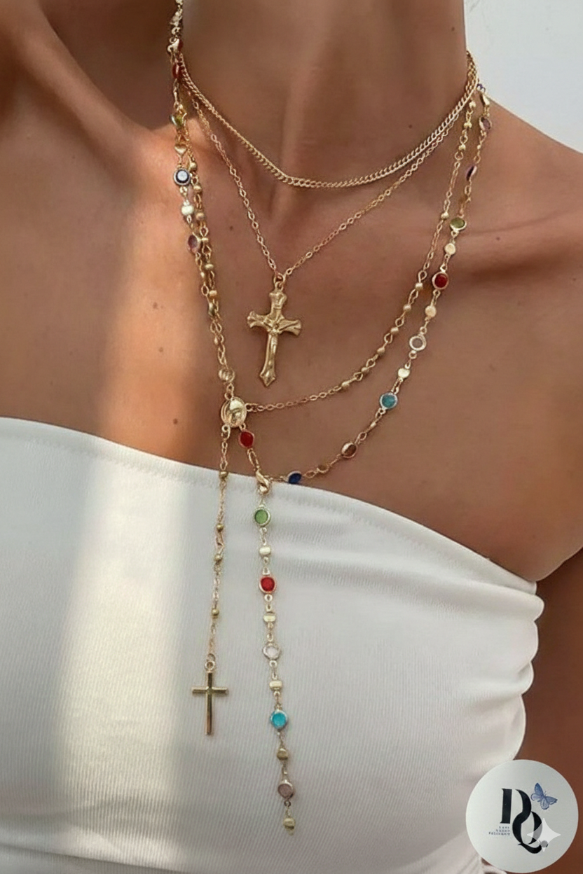 Multi Stone Cross Lariat Layer Necklace