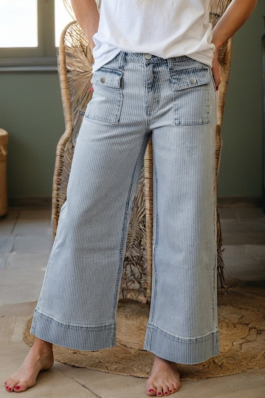 Button Flap Pocket Cuffed Hem Wide Leg Jeans