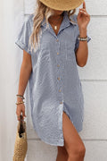 Vacation Summer Striped Shirt Dress Button-up Short Sleeve