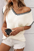 V Neck Striped Knit Top Casual Short Sleeve