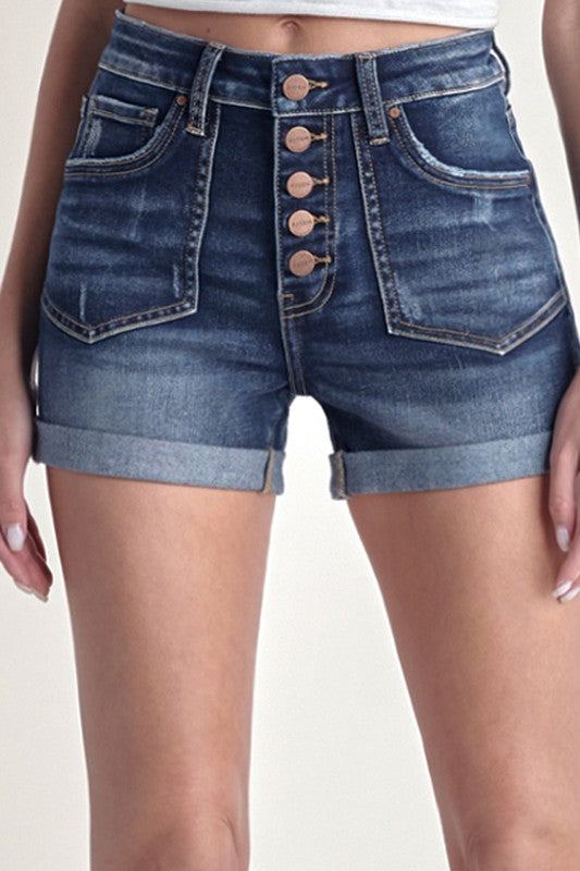 High Rise Button Fly Turn Back Cuff Shorts