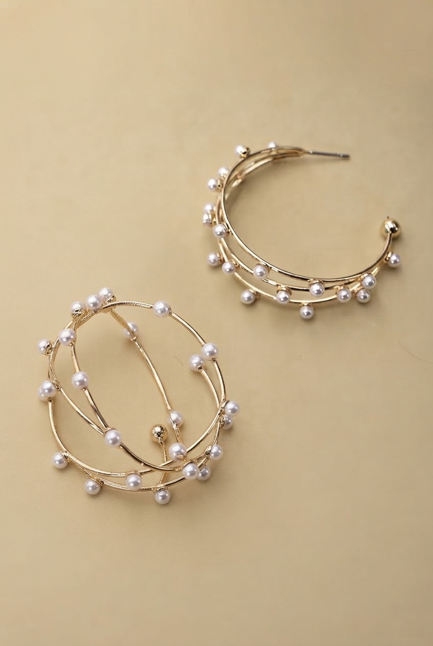 Pearl Hoop Earrings Triple Row