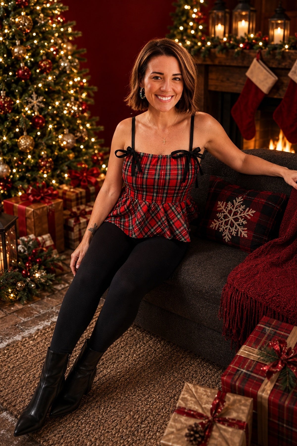 Sweetheart Plaid Velvet Bow Top
