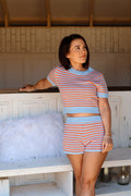 Short Sleeve Crew Neck Stripe Sweater Crop Top