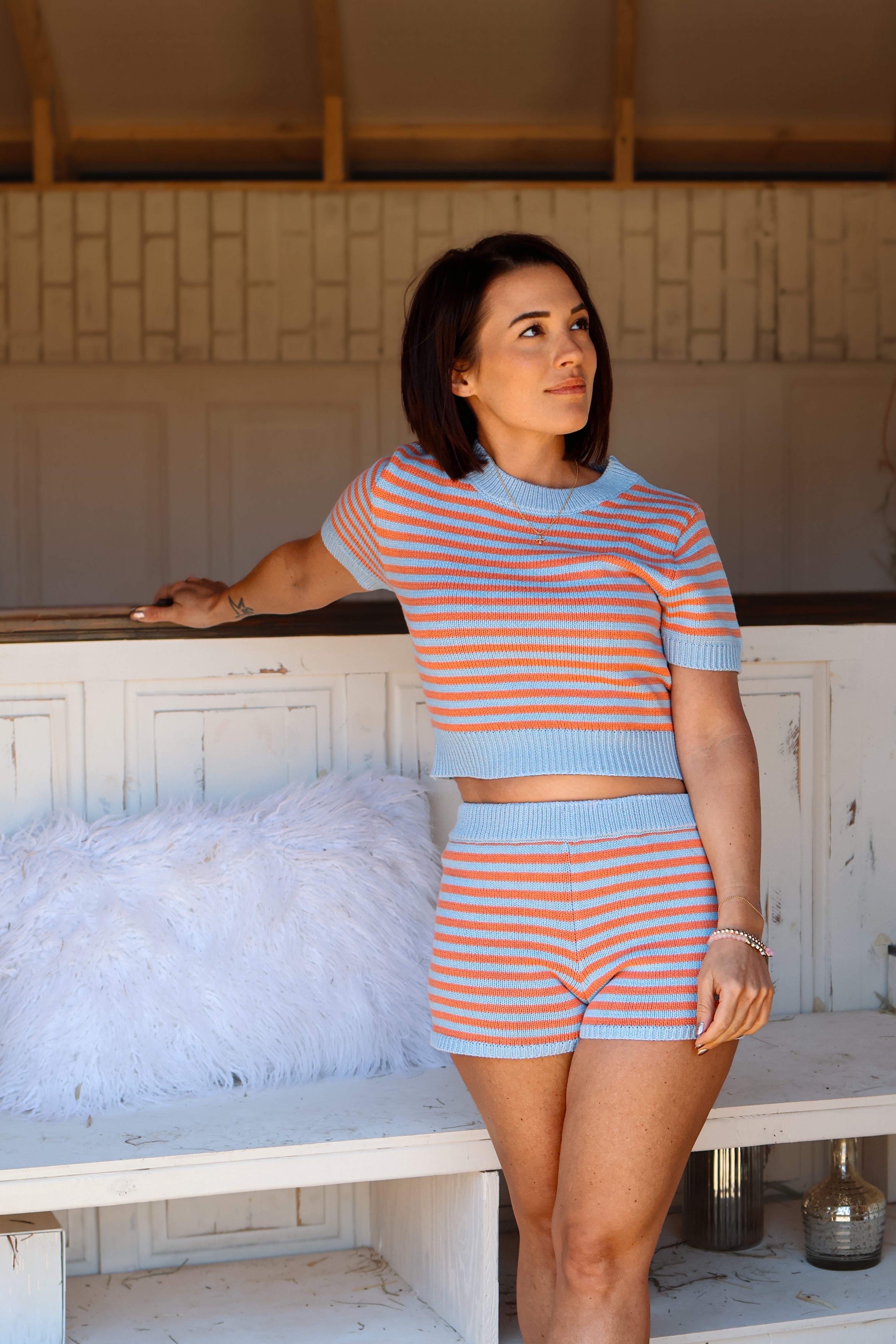 Short Sleeve Crew Neck Stripe Sweater Crop Top